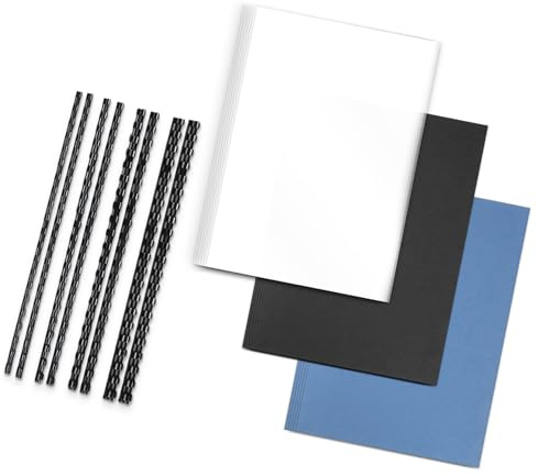 RAYSON Kit de encuadernación con comb, 100 peines de encuadernación (6, 8, 10, 12 mm), 20 cubiertas de encuadernación de plástico transparente, 10 cubiertas negras y 10 azules con textura de piel