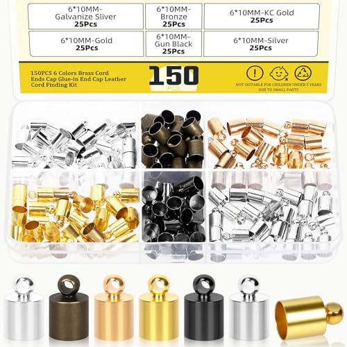 Mardatt 150 Stück 6mm 6 Farben Messing Cord End Caps Kit, Fass Leder Cord, Tassels Ende für Taschen Anhänger, Armbänder, Halsketten, Ohrringe oder Knöchel Schmuck Herstellung 10mm Länge Crafting