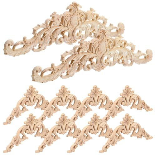 10 Stück Holz Ornamente Stuckleisten Wand Ornamente für Möbel Ecke | Onlay Applique Möbe Geschnitzt Corner Holzornamente für Möbel 30 x 8 cm Holzschnitzerei Applikation