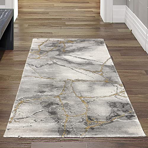 Merinos Teppich Wohnzimmer Design Teppich Marmor Optik mit Glanzfasern in Grau Gold Größe 80x150 cm