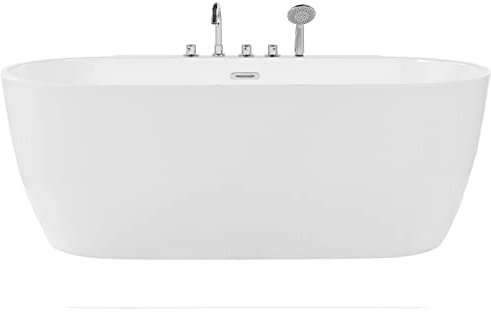 Acryl Badewanne oval freistehend weiß mit Armatur Überlauf 170 x 80 cm Rotso