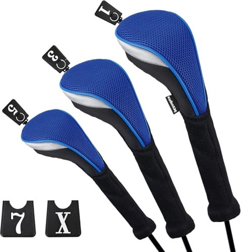 Andux Golf Fairway Wood Club Head Covers 460cc Driver Extra Long Neck 3pcs/Set Black/Blue