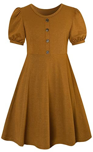 SFreeBo Girls' Clothes 9-10 Years Brown Summer Cotton Short Sleeve Twirl T-Shirt Dress