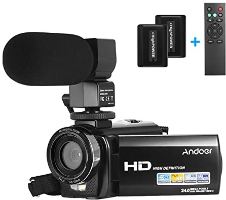 Andoer HDV-201LM 1080P FHD Caméscope numérique Caméscope Enregistreur DV Zoom numérique 24MP 16X Écran à Cristaux liquides de 3,0 Pouces avec 2 Piles Rechargeables + Microphone Externe