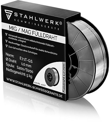 STAHLWERK FLUX Fülldraht 1,0 mm E71T-GS – 5 kg Drahtrolle D200, universell einsetzbar, Drahtspule für 50 mm Dorn, Premium Schweißdraht ohne Gas, Zusatzwerkstoff, Fülldrahtelektrode, MIG MAG