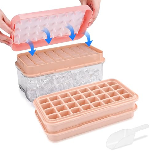 Ice Cube Tray, Ice Cube Tray with Lid and Bin Making 64 pcs Ice Cubes, Easy Release Ice Cube Moulds for Freezer, Whiskey, Cocktail and Drink(Pink)
