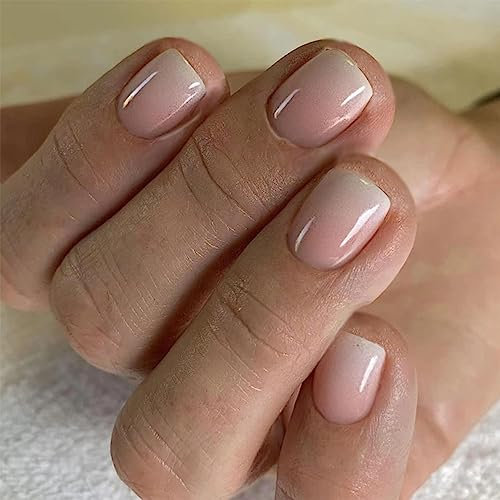 24pcs Short False Nails Nude Ombre Stick on Nails Gradient Press on Nails Removable Glue-on Nails Fake Nails with Glue for Petite Hands Women Girls Nail Art Accessories