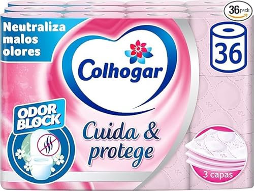 Colhogar, Pflege & Schutz 5 x 12 Toilettenpapier mit Odor-Block-Technologie, neutralisiert schlechte Gerüche, Packung mit 60 Rollen, 3 Schichten, rosa und frischen Duft
