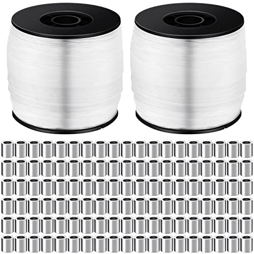 Sumind Strong Clear Picture Hanging Wire Invisible Fishing Wire up to 100 Lbs 656 Feet Monofilament Fishing Line with Aluminum Crimping Loop Sleeves (2 Roll, 0.8 mm)