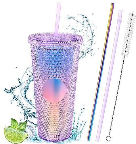 710ml Nieten Becher, Kaltbecher aus Kunststoff, Doppelwandiger Kaffeetasse mit Deckeln, Trinkbecher mit 2 Strohhalmen & Reinigungsbürste, Reisebecher To Go für Wasser Eiskaffee Veisige Getränke (Lila)