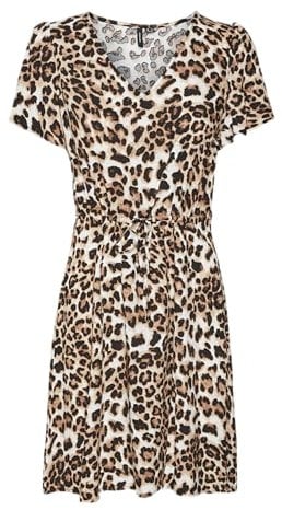 VERO MODA Damen Vmeasy Joy Ss Short Dress WVN Ga Sommerkleid, Tan/AOP:Leo, Small
