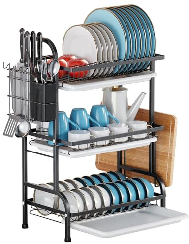 Escurridor de Platos Escurreplatos Metal de 3 Niveles Escurridor Platos para Fregadero Estante de Platos Cocina con Bandejas de Goteo y Porta Utensilios