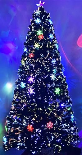 Asinse 5ft Fiber Optic Artificial Christmas Tree, with Transparent Snowflakes，Pre-Lit Green Xmas Tree with Blossom Effects, Top Star and Metal Stand (5FT/150CM, Type 1)