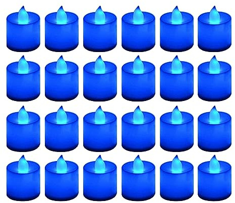 Lot de 24 bougies décoratives pour nouvelle maison - Bougies chauffe-plat bleues sans flamme - Bougies votives bleu marine vacillantes pour anniversaire, fête de mariage, festival - Petite taille