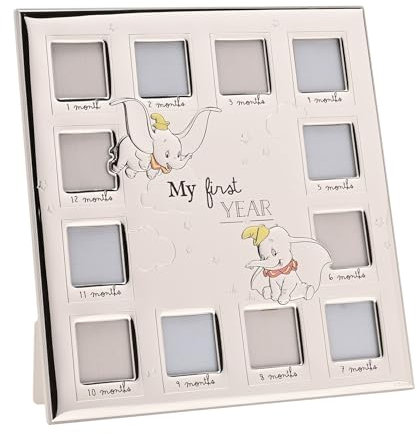 Disney – Dumbo – Echt versilberter Multi-Bilderrahmen My First Year – hergestellt in Italien – offiziell lizenziertes Disney-Merchandise-Produkt – selbststehende Holzrückseite – Frühjahr,