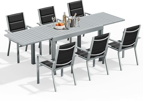 Devoko Gartenmöbel Set 6 Personen,6+1 Aluminium Tisch und Stühle Set Balkonmöbel, 6 Stapelbare Gartenstühle und 1 130/260 cm Dehnbarer Gartentisch,Terassen möbelsets außen Lounge, Hellgrau