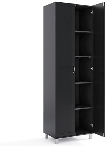 TANGZON 187cm Tall Kitchen Cupboard, 2-Door Freestanding Pantry Cabinet with Adjustable Shelf & Anti-toppling Device, Wooden Storage Cabinet for Home Kitchen Dining Living Room (Black)
