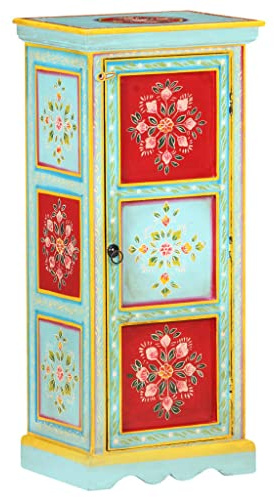 WEMYUFURN Handbemaltes Mangoholz Highboard mit 3 Regalen - Massivholz Schrank für Wohnzimmer Dekoration