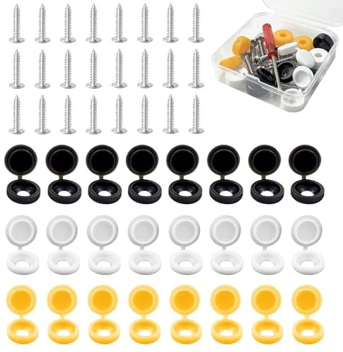 60 Pcs Number Plate Screw Caps and Screws Set, 304 Stainless Steel License Plate Fixing Kit with Black White Yellow Caps and Storage Box