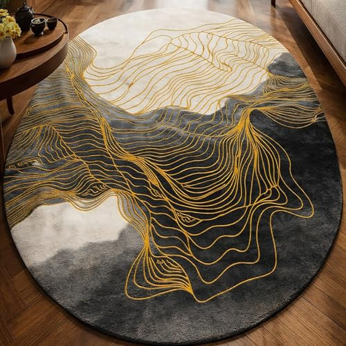 Taidianolp Teppich Ovale Zimmer Deko,Geometrisches Muster mit grauen, weißen, orangen und gelben Linien, schwarz, 80 x 120 cm,Waschbar Kurzflor Teppiche Balkon Outdoor,Teppichläufer Küche