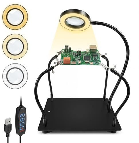 Estación de Soldadura 6X Lupa LED 4 Brazos Flexibles Soporte para Placa de Circuito Tercera Mano para Soldar Joyería Electrónica Manualidades