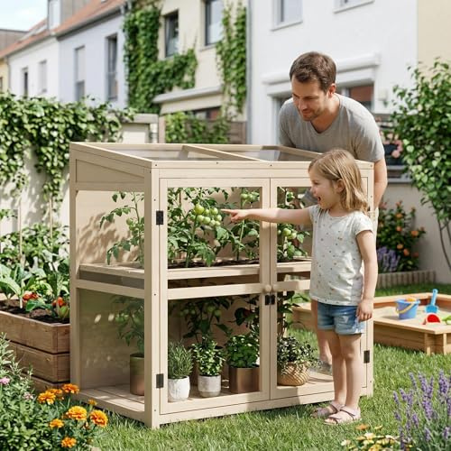 Serre à 2 étages en bois - 103 x 61 x 103 cm - Avec double porte - Montage facile - Jardinière surélevée mobile - Pour jardin, balcon, terrasse - Bois naturel