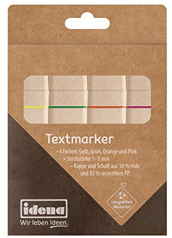 Idena 10539 - Textmarker recycelt, 4er Set, 1-5 mm, gelb, grün, orange und pink
