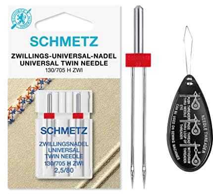 Schmetz (Universal) Twin Nähmaschinennadel, Größe 2,5/80, 2 Stück, inkl. großem Nadeleinfädler