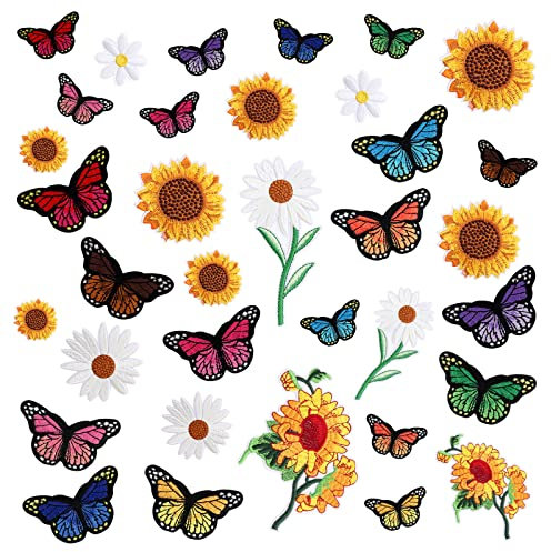 Yolev 35pcs Butterfly Embroidered Iron on Patches Sunflower Cute Sew On Applique Patches for Clothing Iron on Patches for Jeans Clothing Hats Bags Arts Crafts (Butterfly, Sunflower, Daisy)