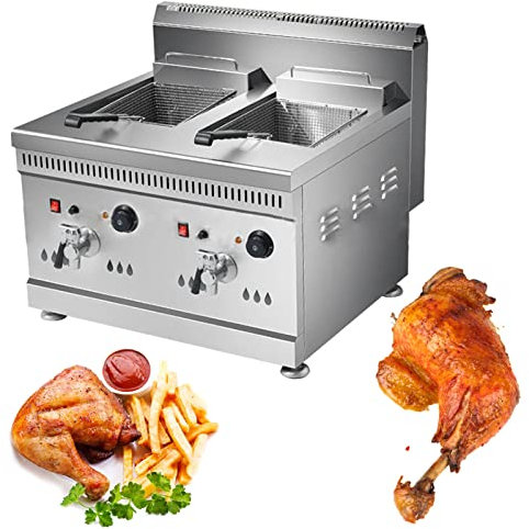 Gas-Fritteuse Arbeitsplatten-Profi-Fritteuse mit Großem Fassungsvermögen, Propangas Gastro Friteuse Tiegelfritteuse mit Öl Edelstahl Fritöse für Pommes Frites,Double