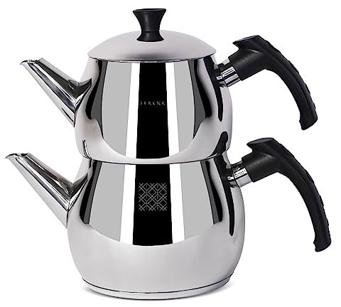 Serenk Modernist Türkische Teekanne Set aus Edelstahl, Caydanlik, Teekanne 1 L, Teekannendeckel 1,5 L, Schwarzer Griff, Made in Türkiye
