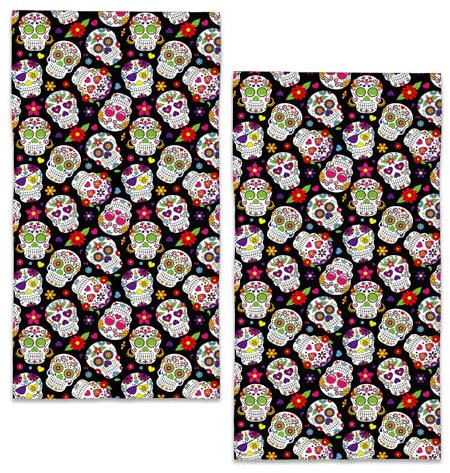 BIGXIUKA Halloween Sugar Skull Flowers Handtücher für Badezimmer, Tag der Toten, Badetuch, Set mit 2 weichen Geschirrtüchern, dekorative Fingerspitzen-Handtücher für Gäste, Fitnessstudio, Spa, 35,6 x
