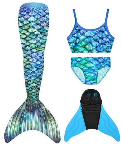 Meerjungfrauenflosse Mädchen Meerjungfrauenschwanz für Kinder Schwimmen mit Meerjungfrau Flosse und Bikini Set(4 Stück Set)