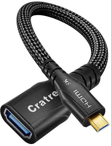 Cratree Adaptateur Micro HDMI vers HDMI, 8K 60Hz 4K 120Hz, Mâle vers Femelle, Supporte HDR eARC, Compatible avec GoPro Hero 7 6 5 4, Raspberry Pi 4, Sony Camera, Nikon 25CM
