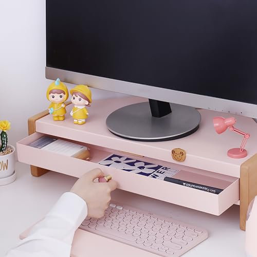 Generic Corner Monitor Stand Pink Corner Screen Stand for Monitor Steel & Solid Wood, Women Girls Office Computer Riser with Drawer, Printer Keyboards Organizer Rack