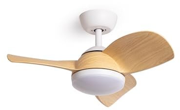 TECHBREY - Ventilateur de Plafond Silencieux Poros 35W | Moteur DC Économique | 6 Vitesses & Télécommande | Fonction Été/Hiver | LED 18W | IP20, Blanc Bois, 76cm, ABS