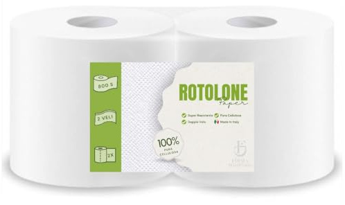 2 Rotoli carta Asciugatutto industriali extra resistenti - 1600 Strappi Rotolo, Bobina Pura Cellulosa 2 Veli idonea per dispenser - Rotoloni asciugatutto, carta assorbente cucina