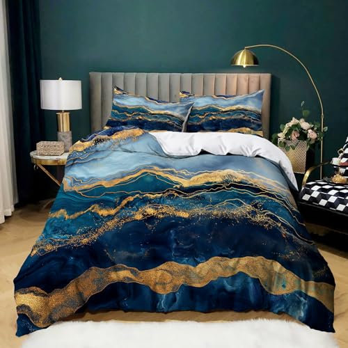 Bettwäsche 180x200 cm Blau Gold Bettwäsche Set Marmor Bettbezug Marmoriert Deckenbezug Microfaser Bettbezüge Flauschige Bettdecke Cover Doppelbett mit Kissenbezug 80x80 cm