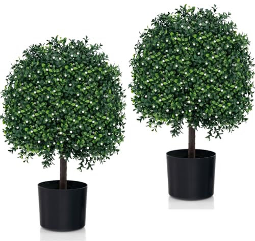 TANGZON Artificial Topiary Tree Set of 2, Decorative Faux Boxwood Topiary Plant in Pot with Mini Fruits, Indoor Outdoor Fake Greenery Ball Plants for Home Garden Office (Green + White Fruits)