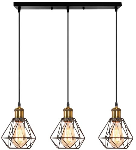 TOKIUS 3-flammig Hängelampe Retro Pendelleuchte Industrial Lampe Käfig Schwarz 16CM Lampenschirm aus Eisen mit E27 Fassung Messing Vintage Hängeleuchte für Esstisch Küche (Pendellampe, Balken)