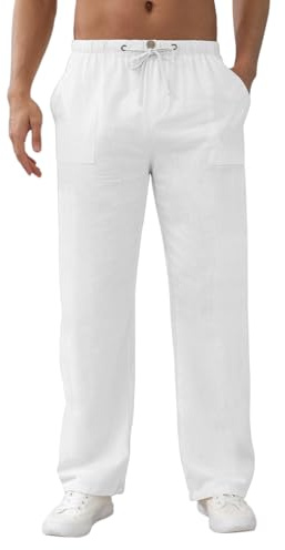 Aisprts Pantalon Lino Hombre Pantalones Holgados de Ocio Pantalones Ligeros de Verano para Hombre con Bolsillos, Cintura Elástica y Cordón, Beige, XL