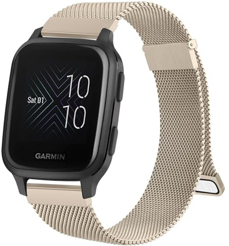 Magnetic Strap for Garmin Venu Sq/Sq Music/Venu Sq 2/Venu Sq 2 Music Watch,Two Magne Milanese Loop Stainless Steel Metal Band for Garmin Venu/Venu 2 Plus/Vivomove HR (Champagne)