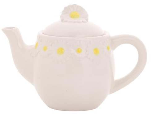 Cottage Garden - White Glazed Ceramic Daisy Teapot - Spring Floral Home Decor Gifting for Tea, Coffee, Kitchen & Dinner Parties - H: 11cm x W: 20cm.