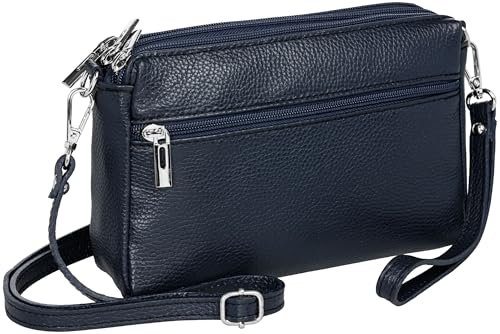 Caspar kleine Leder Umhängetasche Crossbody Bag elegante Damen Tasche mit 3 Fächern - CLASSIC LINE - Modell No.815 - Made in Italy, Farbe:dunkelblau