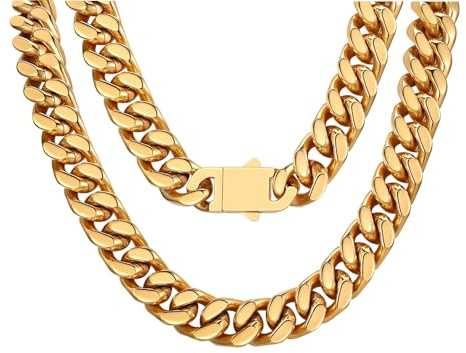 FindChic Goldkette Damen 12MM Dicke Panzerkette Edelstahl Gliederkette 50cn Cuban Halsktte Breite Choker Kette ohne Anhänger Frauen Mädchen klassische Schmuck