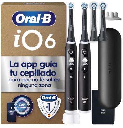 Oral-B iO Series 6 Elektrische Zahnbürste, Doppelpack, Schwarz | Inkl. 4 Aufsteckbürsten, Reise-Etui, Electric Toothbrush mit 5 Putzmodi für Zahnpflege