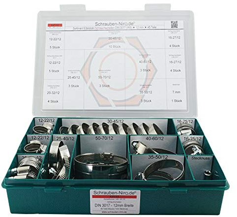 Sortiment A4 Edelstahl Schlauchschellen, Bandbreite 12 mm, Spannbereiche von 12 bis 70 mm, Set mit 45 Teilen inklusive 7 mm Steckschlüsseleinsatz, Material W5 (entspricht V4A)