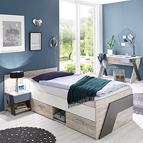 Lomadox Jugendzimmer Kinderzimmer Set, Sandeiche mit weiß, Lava blau, 90x200 cm Einzelbett, Schreibtisch, Nachttisch