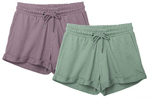 icyzone Damen Shorts Kurze Sporthose Jogginghose Atmungsaktiv Laufshorts Gym Fitness Shorts 2er Pack (L, Cameo Green/Lilac)
