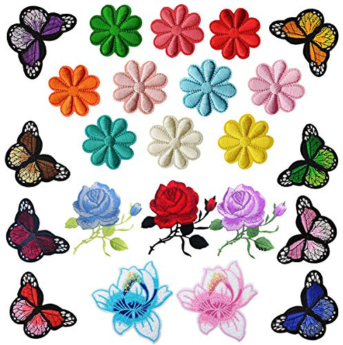 Woohome Iron on Patches 23 PCS Rose Flower Butterfly Patch Embroidered Iron on Applique Patch for Craft, Sewing, Clothing
